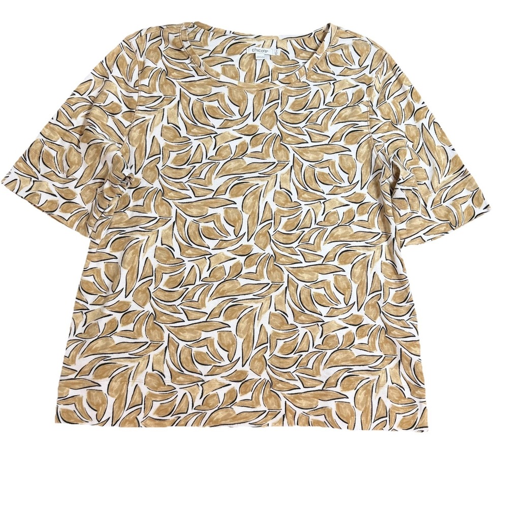 Chico's Womens Leaf Print Top 3 / XL Pima Cotton Beige Black WORK CASUAL